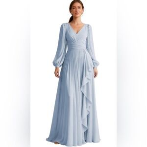Long Sleeve Pleated Bridesmaid Dress Ruffle Chiffon V Neck Formal Evening Dress